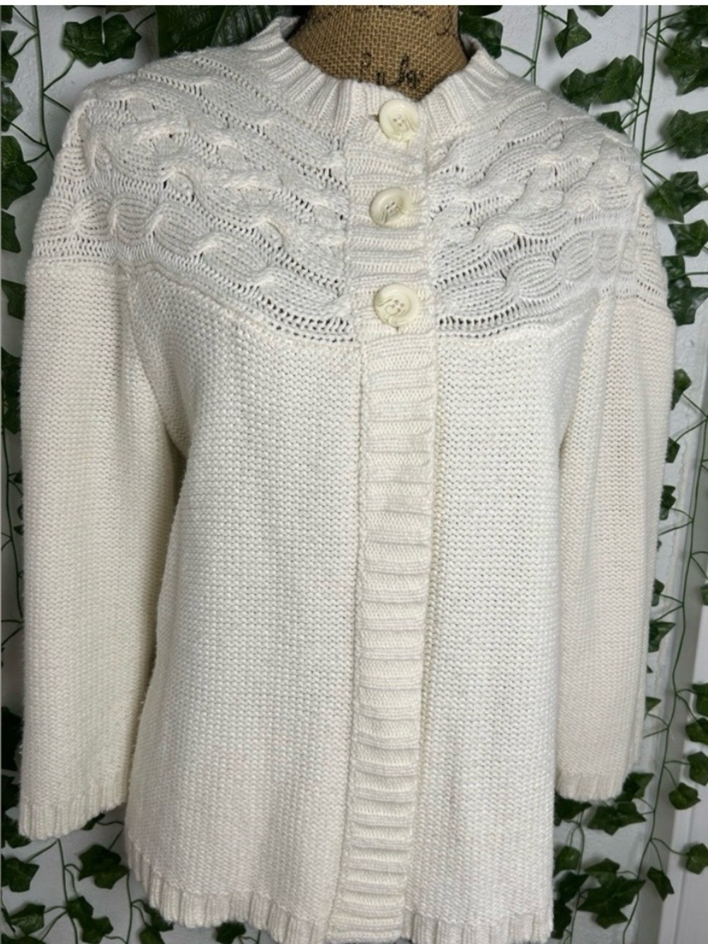St. John's Bay Cream Cable Yoke Button-Front Cardigan